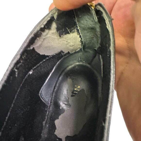 Black‎ Leather Ankle Boots with Gold Studded Heel Accent Booties - Picture 6 of 12